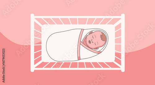 Illustration of a swaddled newborn baby sleeping peacefully in a crib inside the bedroom