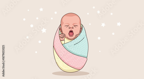 Illustration of a Swaddled Newborn Baby Yawning with Stars in the Background