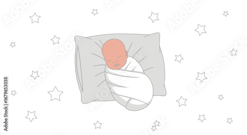 Illustration Of a Swaddled Newborn Sleeping Soundly, Surrounded By Stars, Minimalist