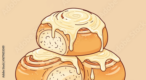 Illustration of Stacked Cinnamon Rolls with Icing Perfect for Food-Related Content