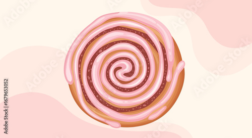 Illustration of a Sweet and Delicious Cinnamon Roll with Pink Icing Background