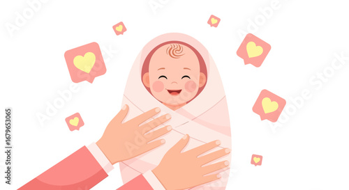 Illustration of a sweet baby wrapped in a blanket with loving caring hands and love