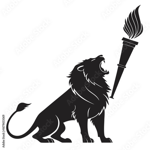 Lion roaring at glowing torch silhouette