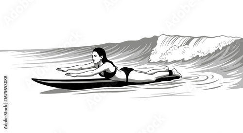 Illustration Of Surfer Girl Paddling On The Surfboard In The Ocean Against a Wave