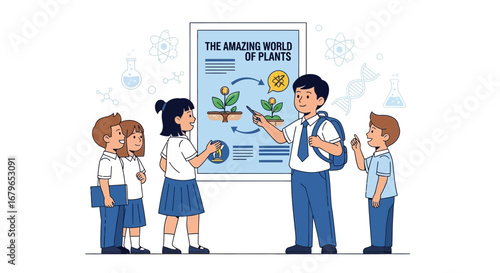 Illustration of students learning about the amazing world of plants at school