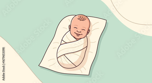 Illustration of a Sweet Smiling Baby Swaddled in a Blanket on a Soft Surface