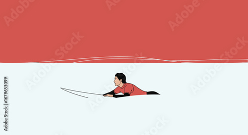 Illustration Of Surfer Paddling Out Into The Ocean With Red Background