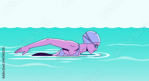 Illustration of a swimmer in the butterfly stroke, in a swimming pool during training session