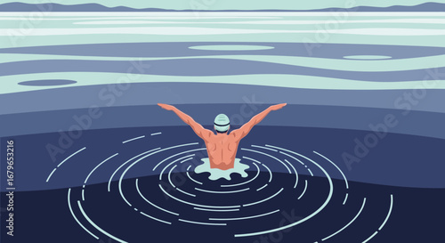 Illustration of a swimmer in open water with arms outstretched enjoying the outdoors scene