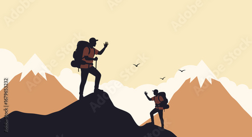 Illustration of Two Hikers on Mountain Peaks, Adventure and Exploration Concept