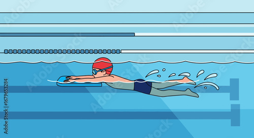 Illustration of a swimmer using a kickboard in a swimming pool for aquatic exercise