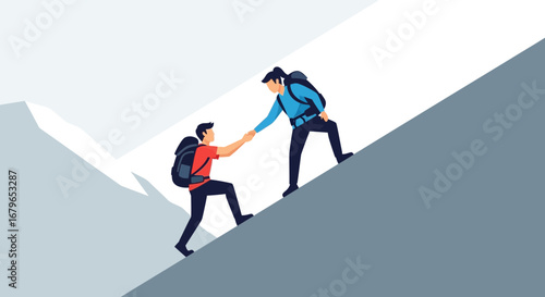 Illustration of two people climbing a mountain together, teamwork and support concept