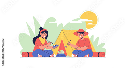 Illustration of two people camping and painting during a sunny day with tent