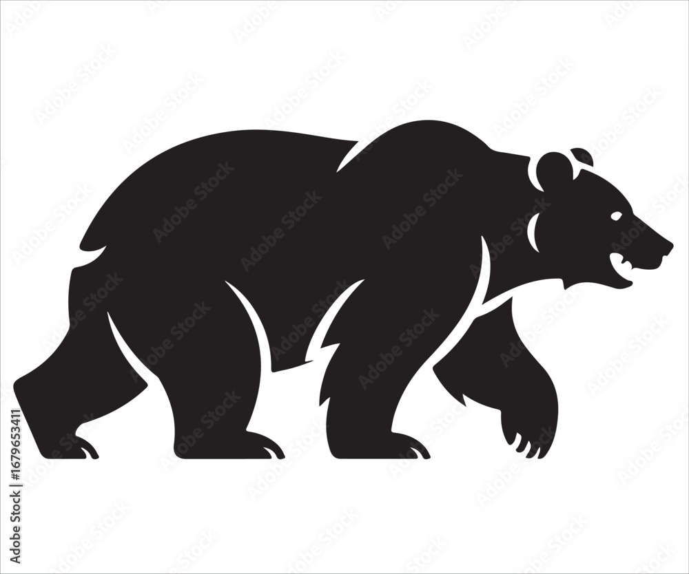 Fototapeta premium Silhouette of wild bear walking isolated on white background, vector illustration symbolizing wildlife, strength, predator, forest, power, wilderness, nature, danger, and animal kingdom design