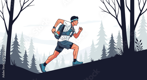 Illustration of a trail runner climbing a hill in a forest landscape scene design