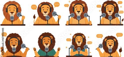 Cartoon Lions Hosting Podcasts – Funny Animal Characters Speaking into Microphones with Headphones in Radio Studio and Expressive Broadcasting Poses