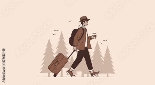 Illustration of a traveler walking in the forest with luggage and a coffee cup