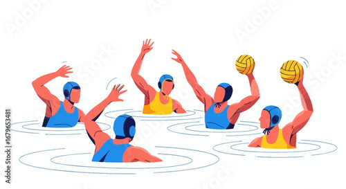 Illustration of a water polo match showing the sport of people playing in the water
