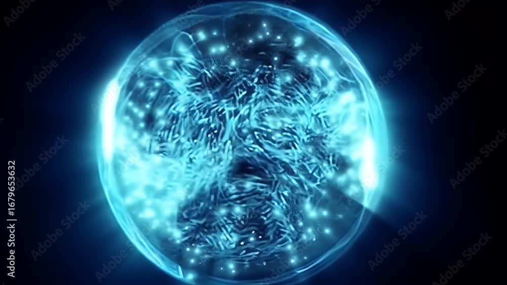 Glowing, intricate sphere of azure light against a dark backdrop