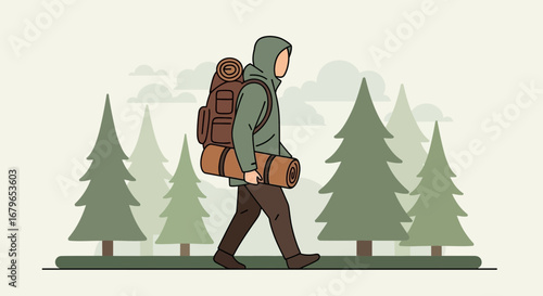 Illustrative cartoon of a person hiking through a forest with adventure gear