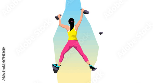 Illustration of a woman climbing a rock wall in a vector style with copy space available