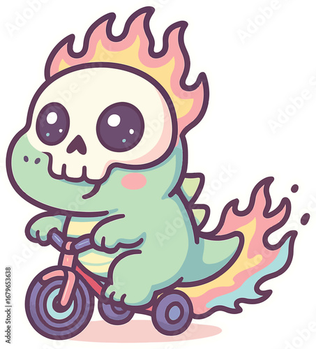 Whimsical Dinosaur Skeleton Riding a Tricycle with Pastel Flames: A Playful and Imaginative Illustration