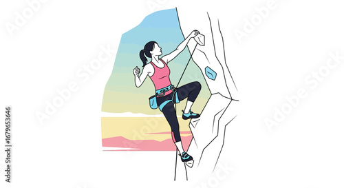 Illustration of a woman climbing a rock wall, representing adventure and outdoor activities