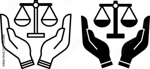 Fair Icons. Black and White Vector Illustrations. Scales of Justice in Human Hands. Acting Impartially, According to Truth. Concept Fairness