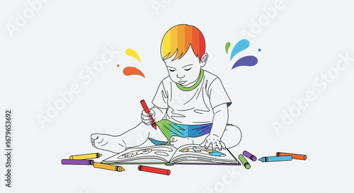 Illustrative depiction of a child engrossed in coloring a drawing book with crayons