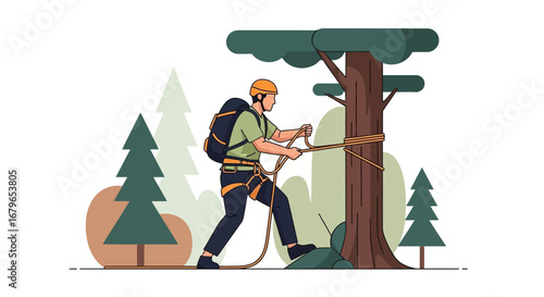 Illustrative depiction of a person rappelling down a tree in a forest environment
