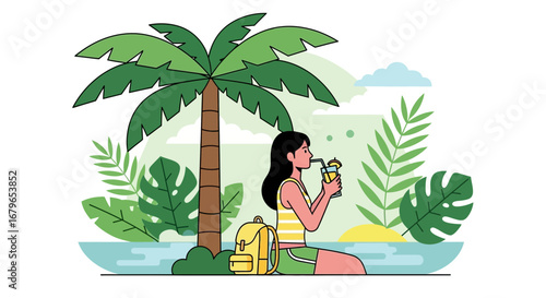 Illustration of a Woman Enjoying a Tropical Vacation Drinking a Refreshing Beverage