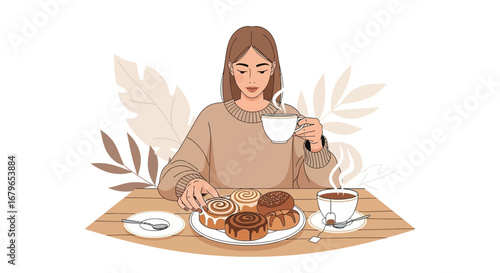 Illustration of a woman enjoying tea and pastries, a moment of relaxation alone.