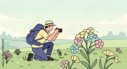 Illustrative depiction of a photographer capturing colorful flowers in nature's embrace.