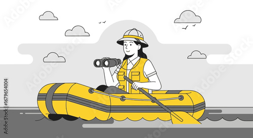 Illustration of a woman in a boat using binoculars on the water for adventures
