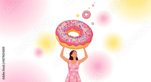 Illustration of a woman holding a giant donut with colorful sprinkles in a vibrant setting