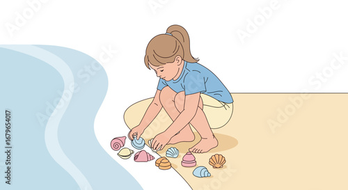 Illustrative depiction of a young girl enjoying her time collecting seashells at the beach.