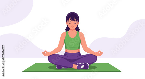 Illustration of a woman in a lotus position meditating on a yoga mat during a break