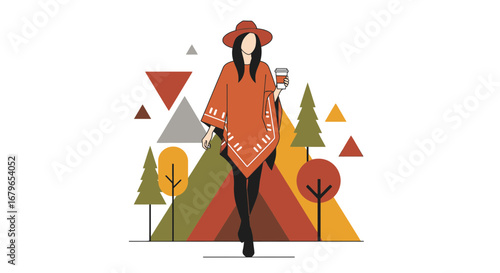 Illustration of a woman in a poncho with a coffee cup walking in the autumn