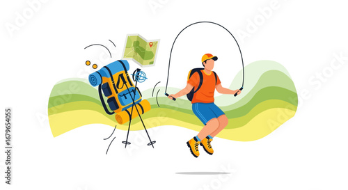 Illustrative Depiction Of Man Jumping Rope And Backpack Near A Map With Hiking Gear