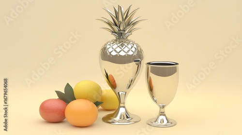 Elegant Silver Pineapple Pitcher Goblet and Colorful Eggs Still Life