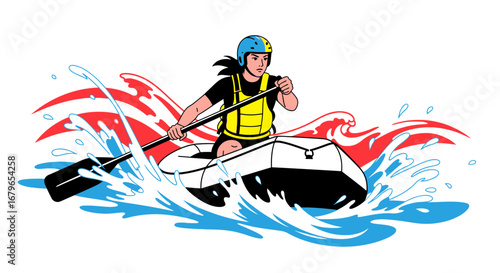 Illustration of a woman kayaking through waves in colorful vibrant vector style