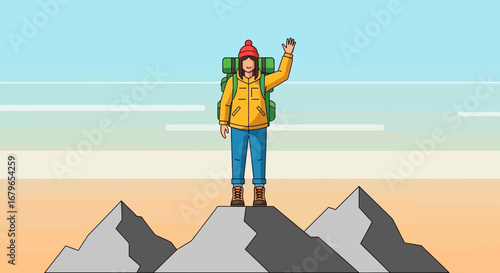 Illustrative Hiking Success Depiction: Reaching Mountain Summit And Celebrating Victory
