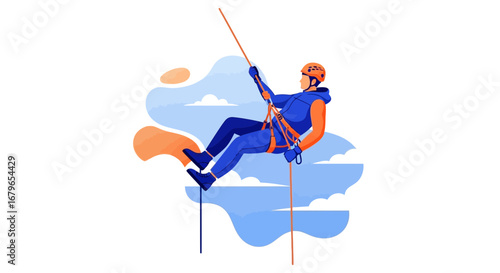Illustrative Rendering Depicting Adventurous Climber Rappelling From A Height With Safety Gear