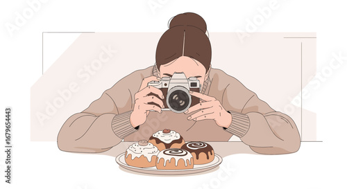 Illustration of a woman photographing cinnamon rolls on a plate with a retro camera