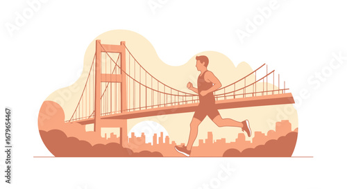 Illustrative representation depicting a runner running on a bridge with a cityscape landscape view