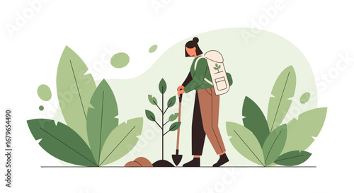Illustration of a woman planting a tree, emphasizing environmental care and nature