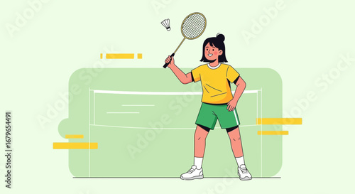 Illustration of a woman playing badminton with a racket and a shuttlecock
