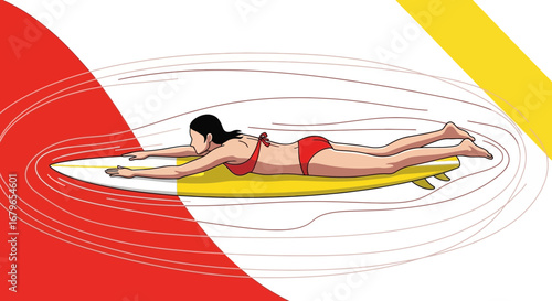 Illustrative Surfer Paddling Out Into the Sea in Bright Colors on a Beach