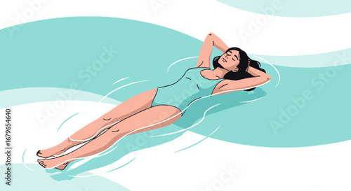 Illustration of a woman relaxing and floating in water enjoying the summertime peace