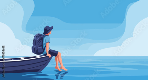 Illustrative Vector of a Man Sitting on a Boat Dock with the Sea and Sky